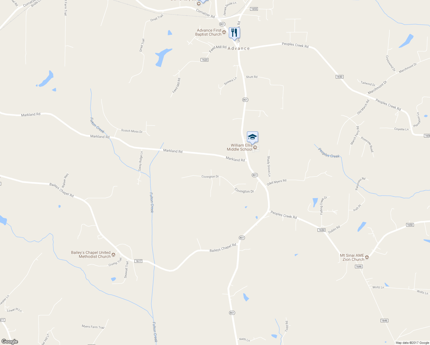 map of restaurants, bars, coffee shops, grocery stores, and more near 306 Covington Drive in Advance