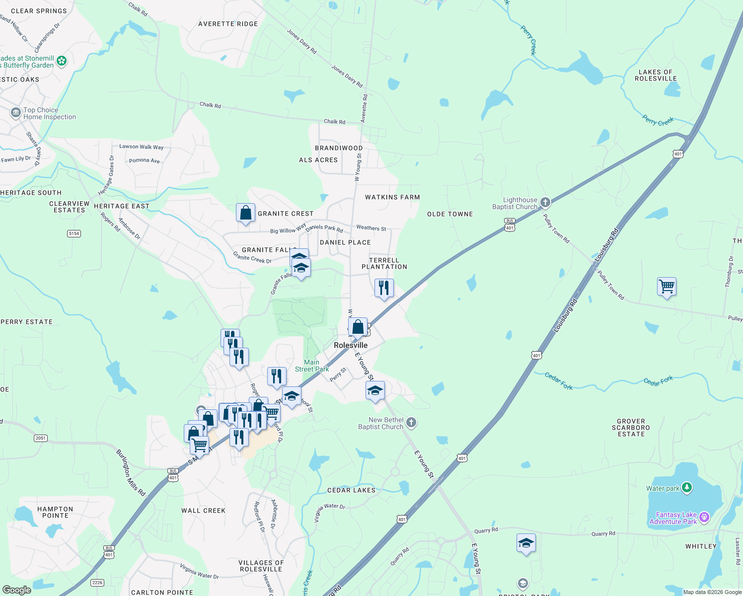 map of restaurants, bars, coffee shops, grocery stores, and more near 108 Nortwick Road in Rolesville
