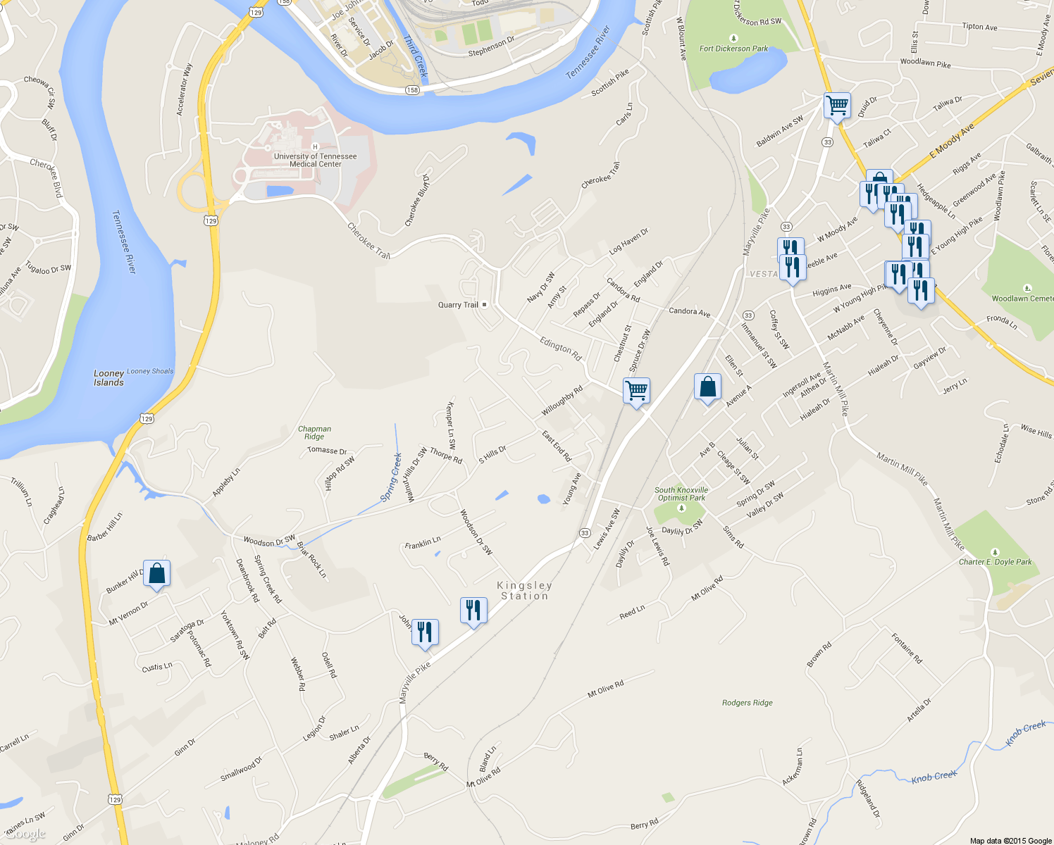 map of restaurants, bars, coffee shops, grocery stores, and more near 4417 Wells Road in Knoxville
