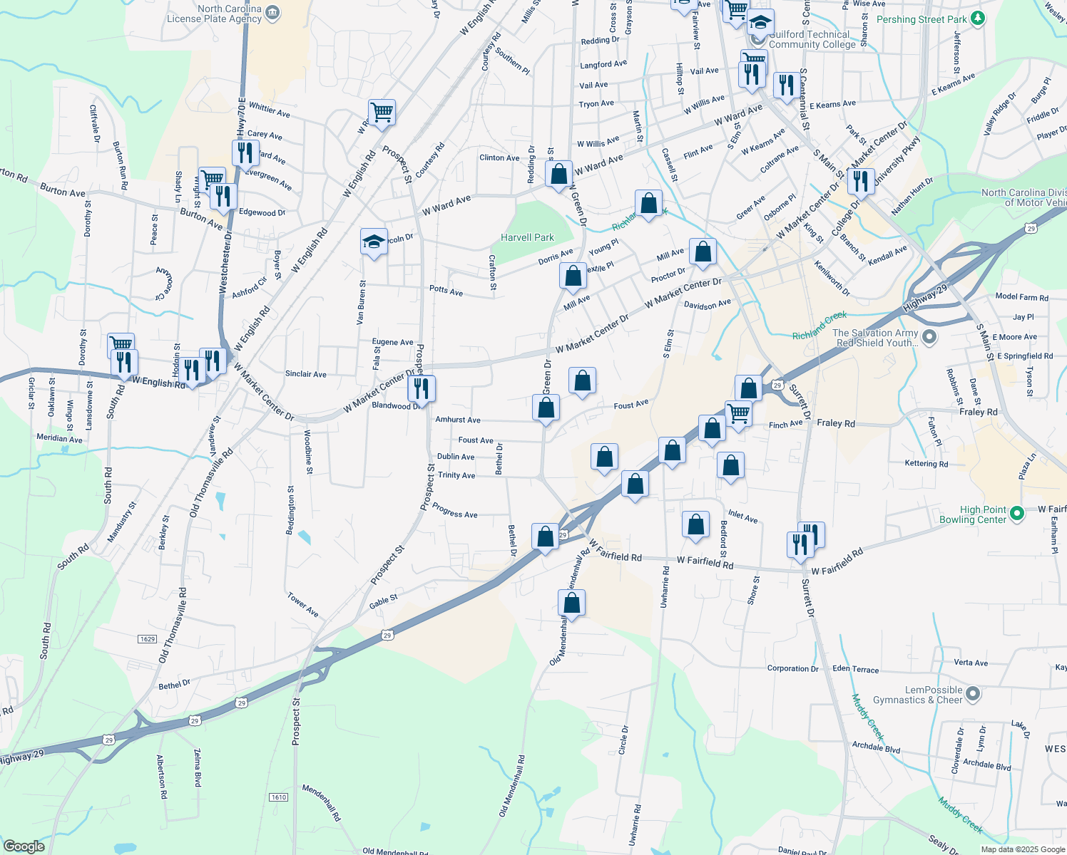 map of restaurants, bars, coffee shops, grocery stores, and more near 332 Amhurst Avenue in High Point