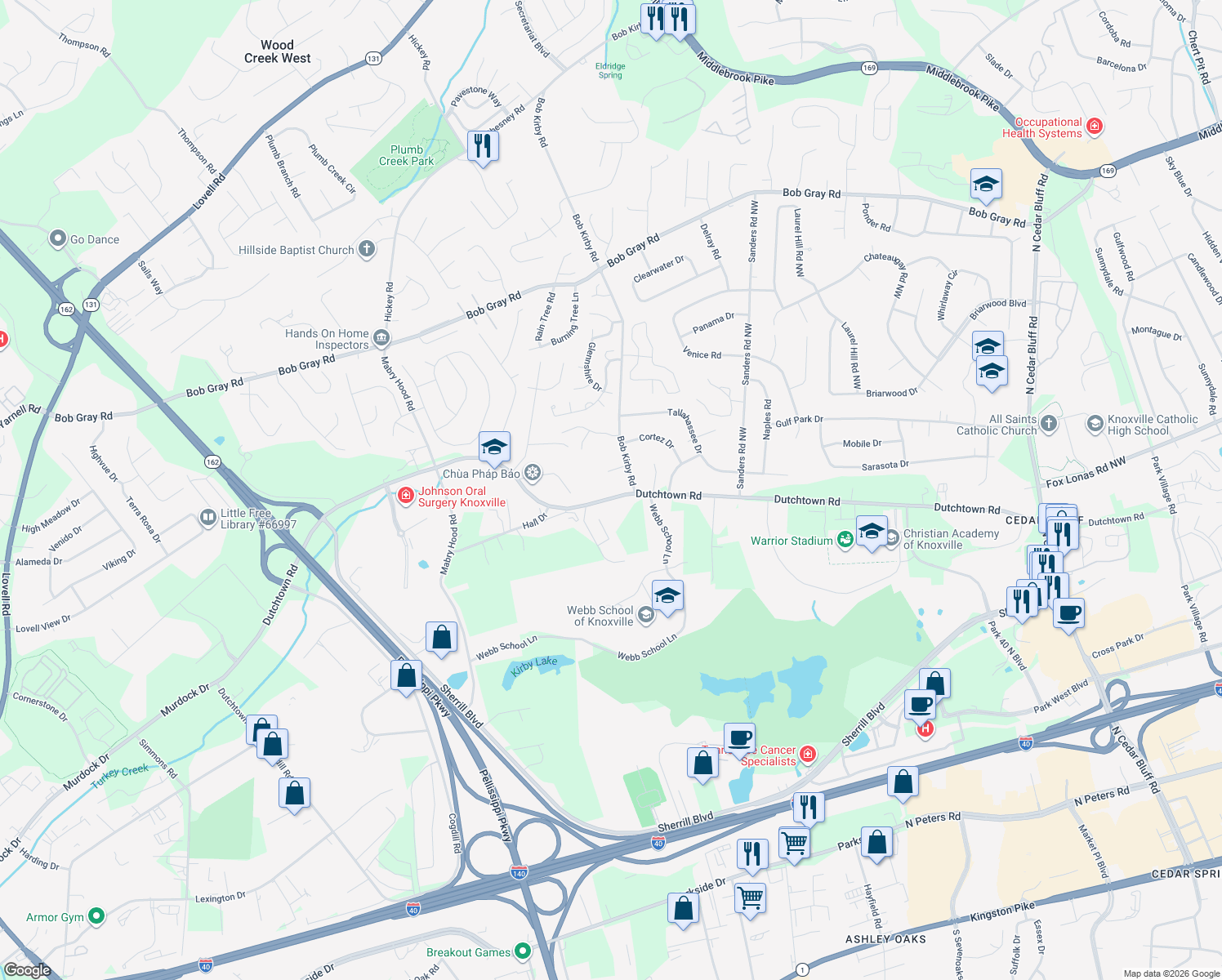 map of restaurants, bars, coffee shops, grocery stores, and more near 9805 Dutchtown Road in Knoxville
