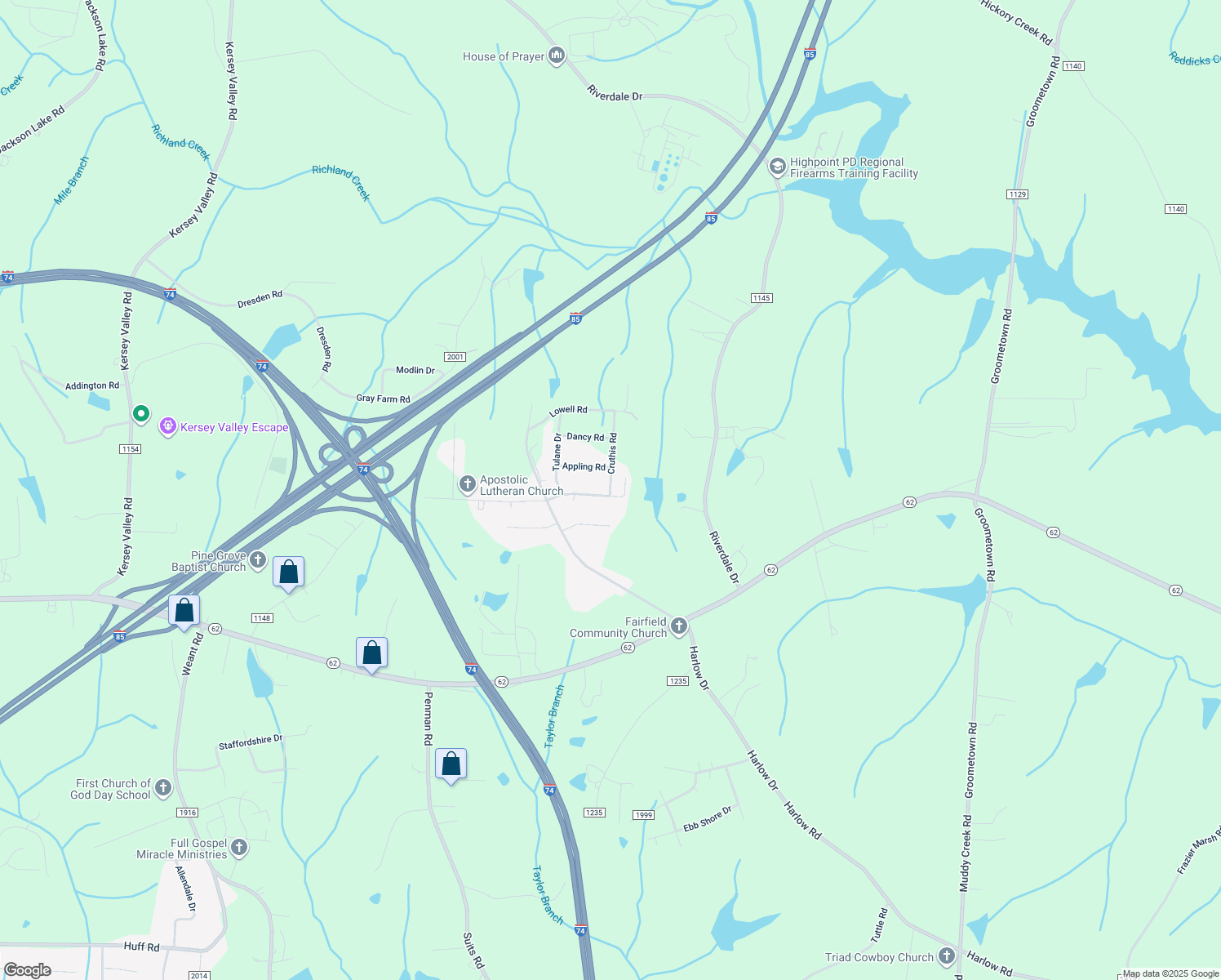 map of restaurants, bars, coffee shops, grocery stores, and more near 7005 Cruthis Road in High Point