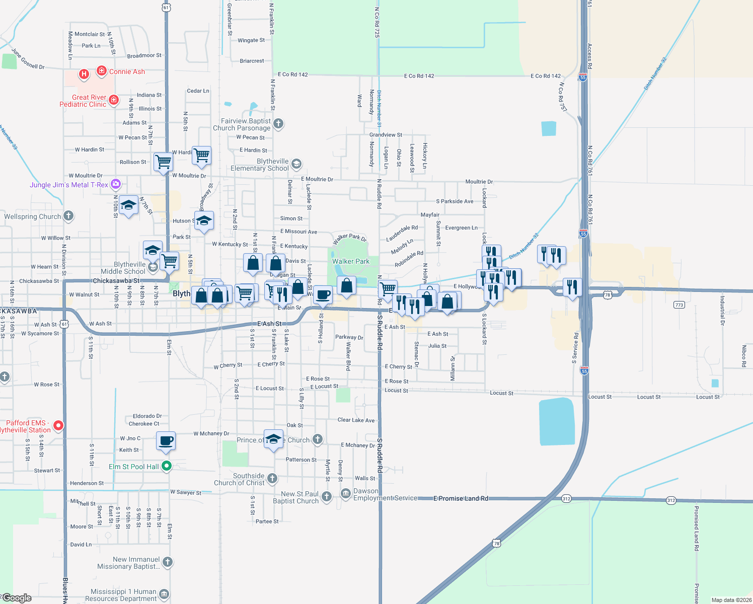 map of restaurants, bars, coffee shops, grocery stores, and more near 111 N Ruddle Rd in Blytheville