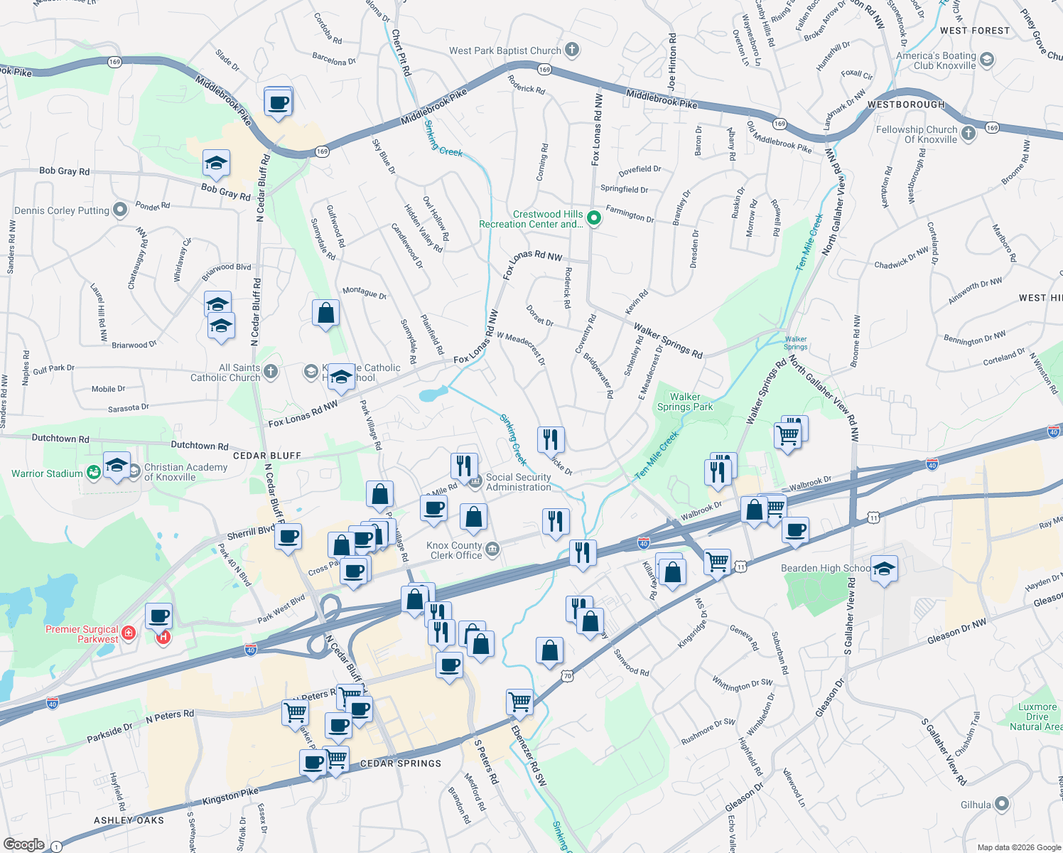 map of restaurants, bars, coffee shops, grocery stores, and more near 525 Hardwicke Dr NW in Knoxville