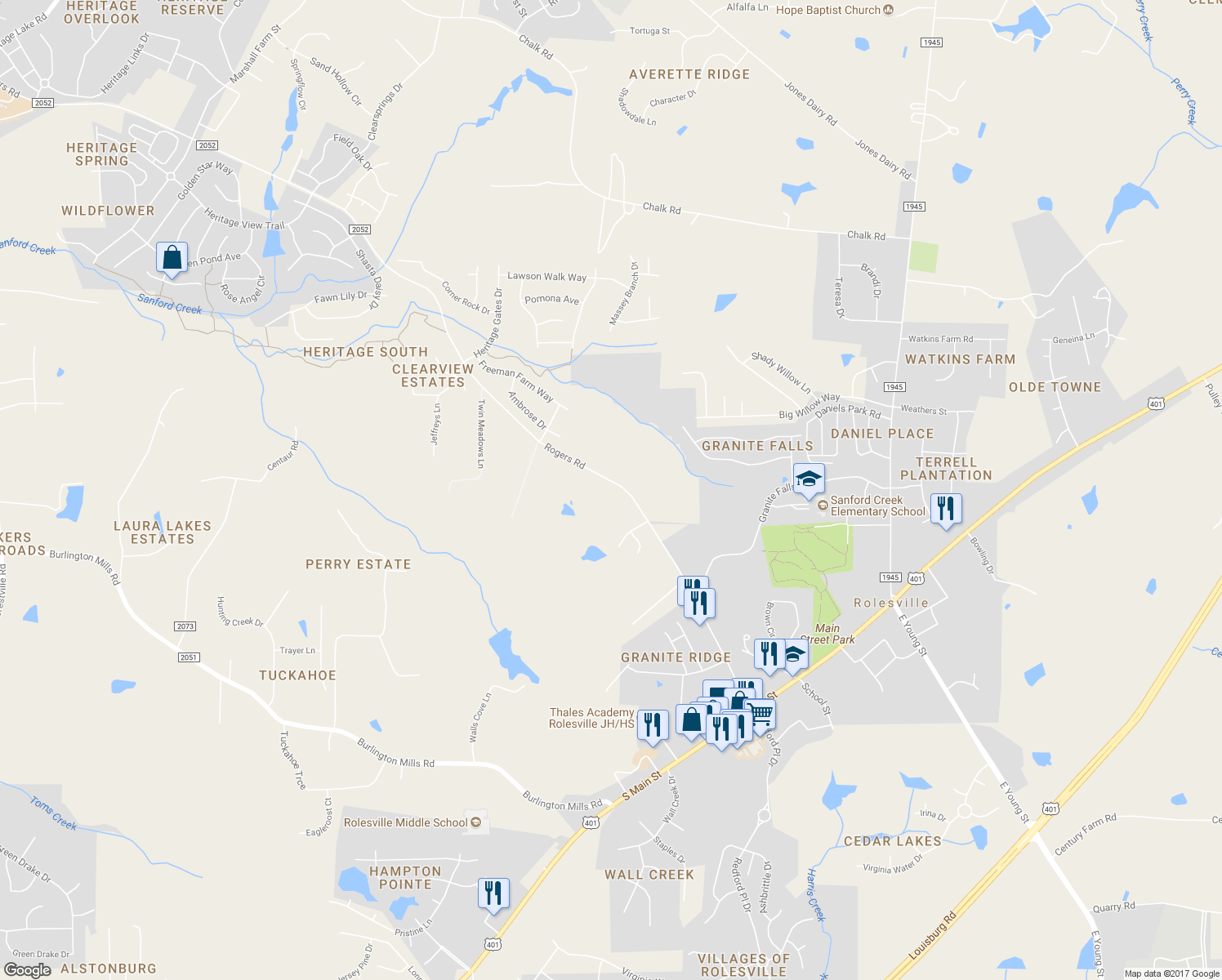map of restaurants, bars, coffee shops, grocery stores, and more near 4812 Rogers Road in Rolesville