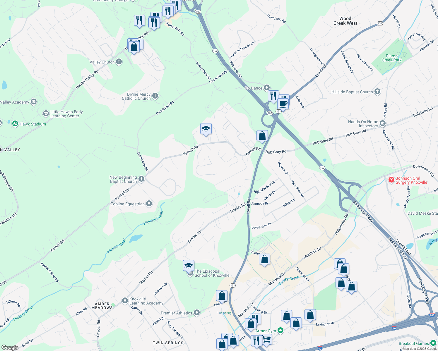 map of restaurants, bars, coffee shops, grocery stores, and more near 1403 Armiger Lane in Knoxville