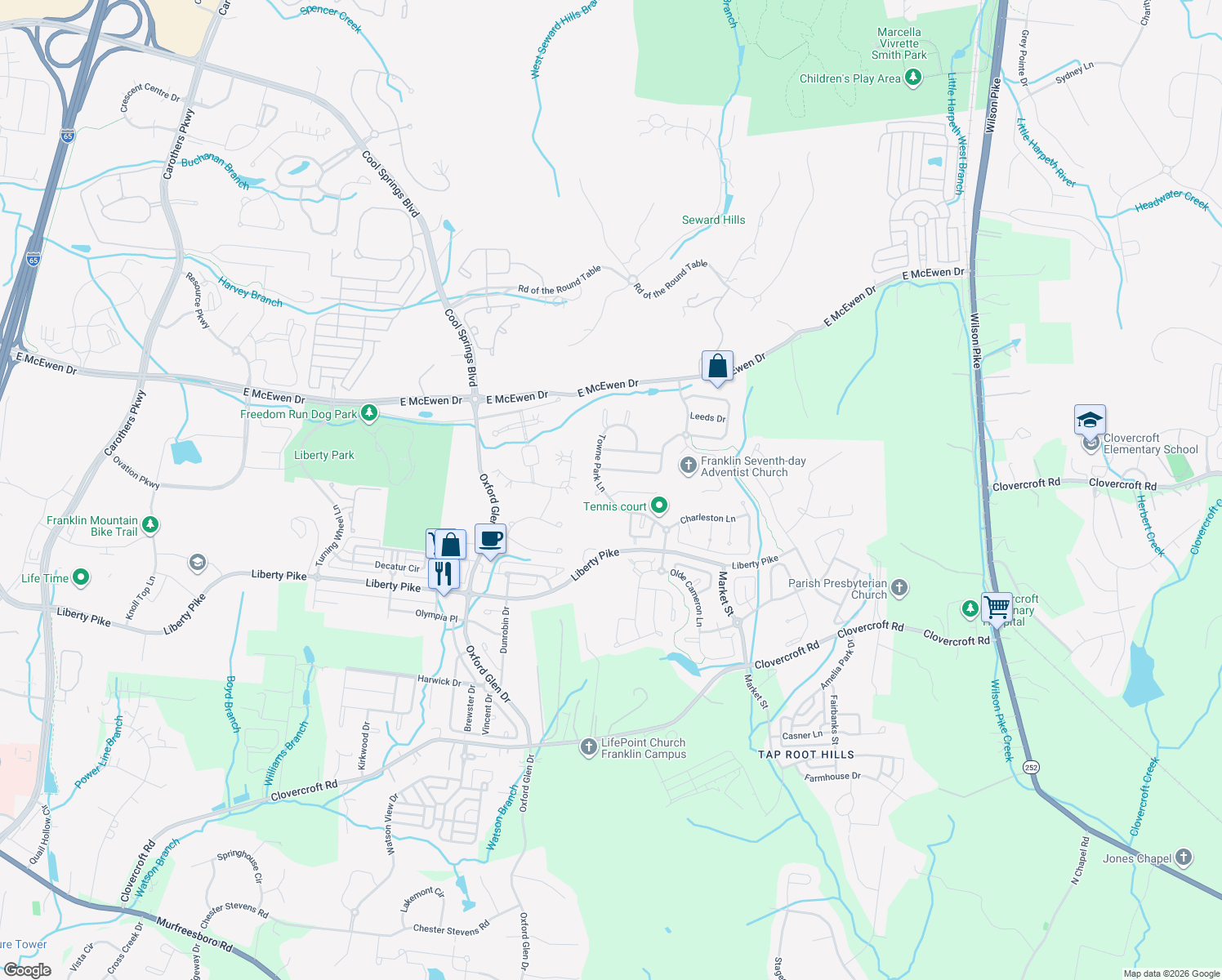 map of restaurants, bars, coffee shops, grocery stores, and more near 1600 Flanders Court in Franklin