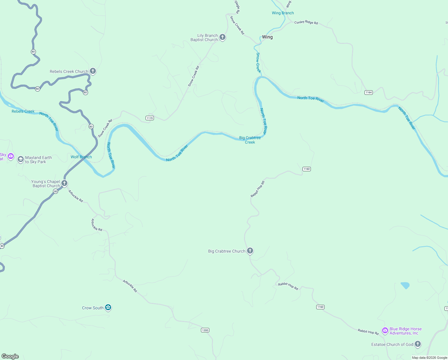 map of restaurants, bars, coffee shops, grocery stores, and more near 2574 Rabbit Hop Road in Spruce Pine