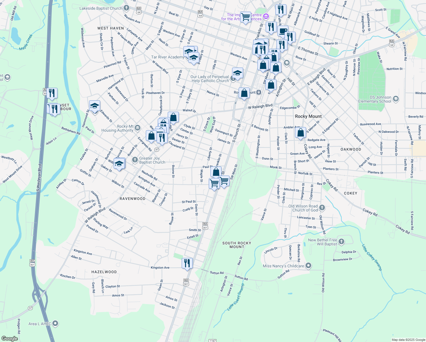 map of restaurants, bars, coffee shops, grocery stores, and more near 1312 South Franklin Street in Rocky Mount