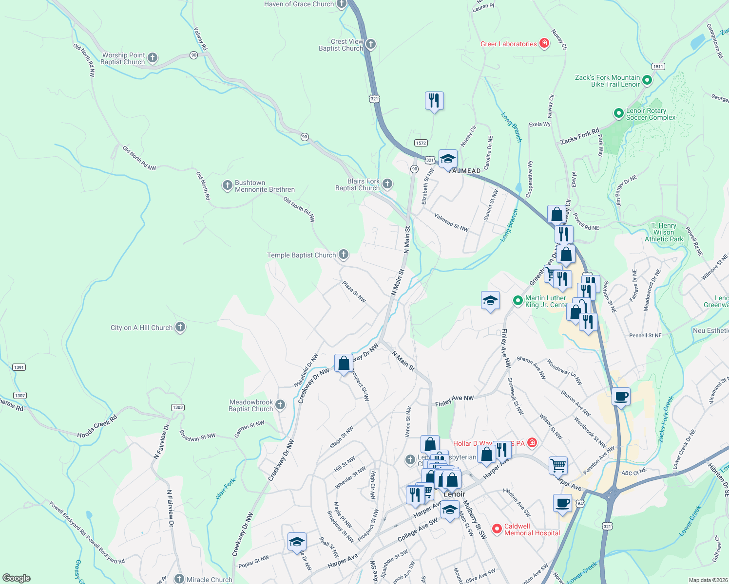 map of restaurants, bars, coffee shops, grocery stores, and more near 1212 Plaza Street Northwest in Lenoir