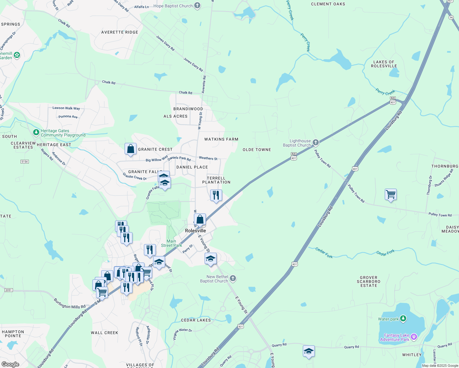 map of restaurants, bars, coffee shops, grocery stores, and more near 403 N Main St in Rolesville