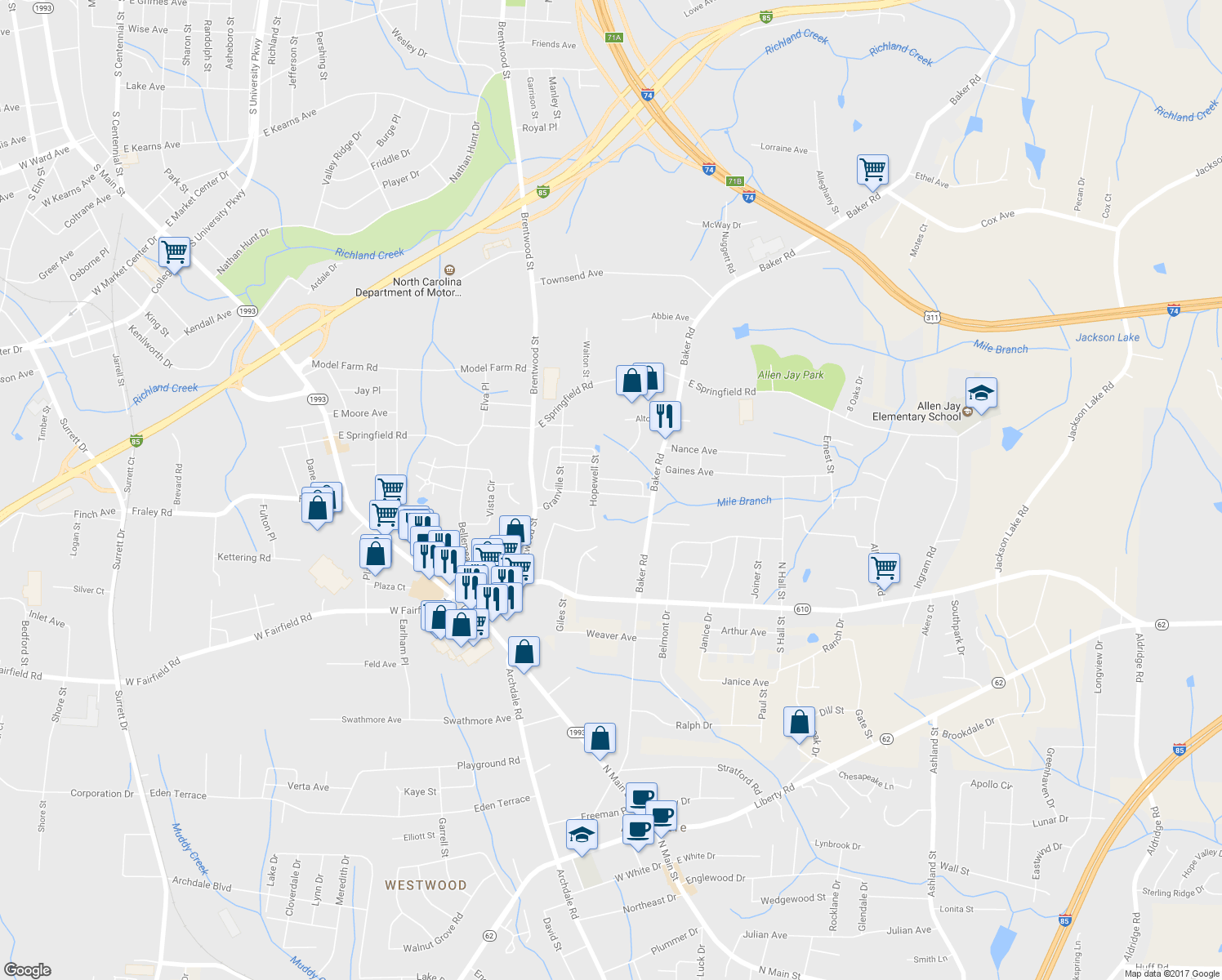 map of restaurants, bars, coffee shops, grocery stores, and more near 911 First Tee Drive in High Point