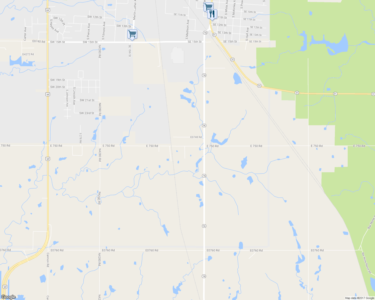 map of restaurants, bars, coffee shops, grocery stores, and more near 75052 South 288 Road in Wagoner