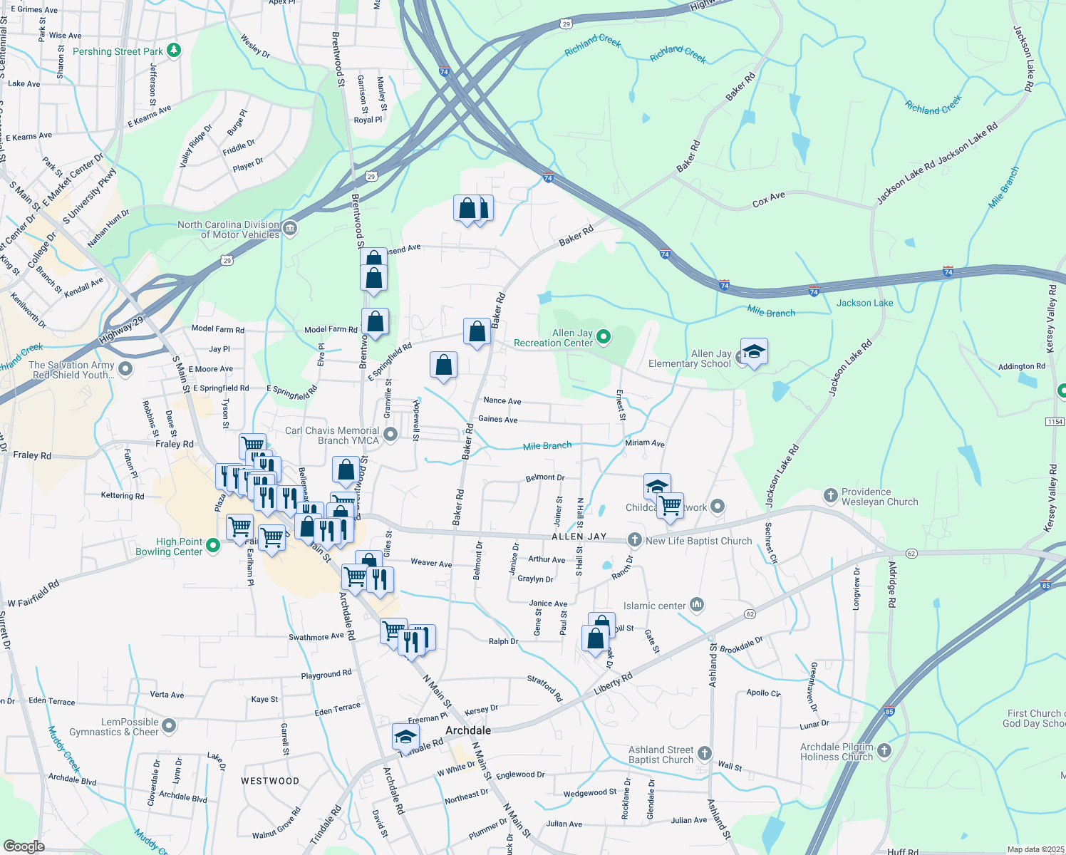 map of restaurants, bars, coffee shops, grocery stores, and more near 812 Gaines Ave in High Point