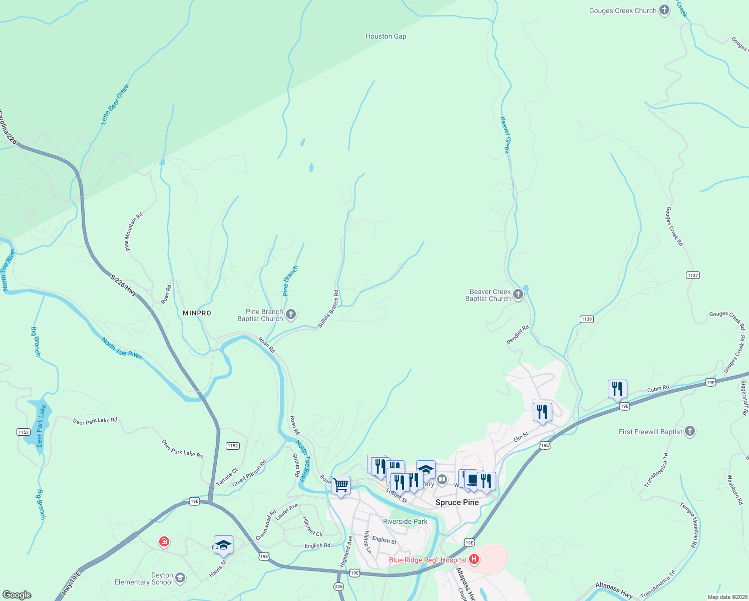map of restaurants, bars, coffee shops, grocery stores, and more near 415 Ollis Road in Spruce Pine