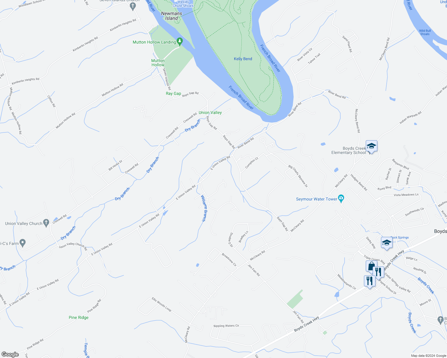 map of restaurants, bars, coffee shops, grocery stores, and more near 2249 Hardin Lane in Seymour