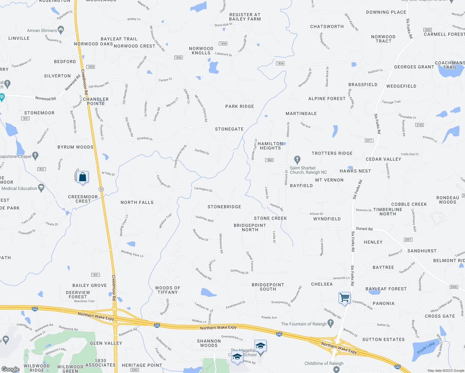map of restaurants, bars, coffee shops, grocery stores, and more near 10513 Whitestone Road in Raleigh