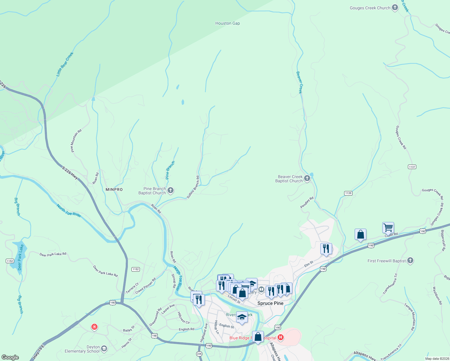 map of restaurants, bars, coffee shops, grocery stores, and more near 415 Ollis Road in Spruce Pine