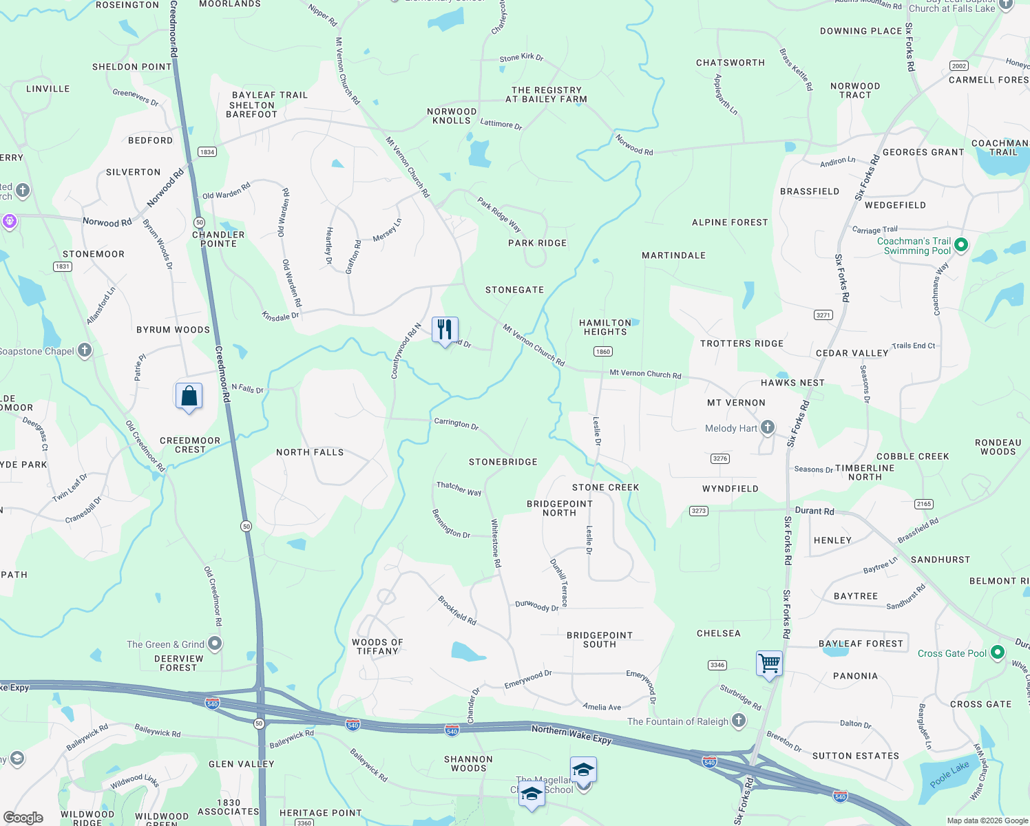 map of restaurants, bars, coffee shops, grocery stores, and more near 10513 Whitestone Road in Raleigh