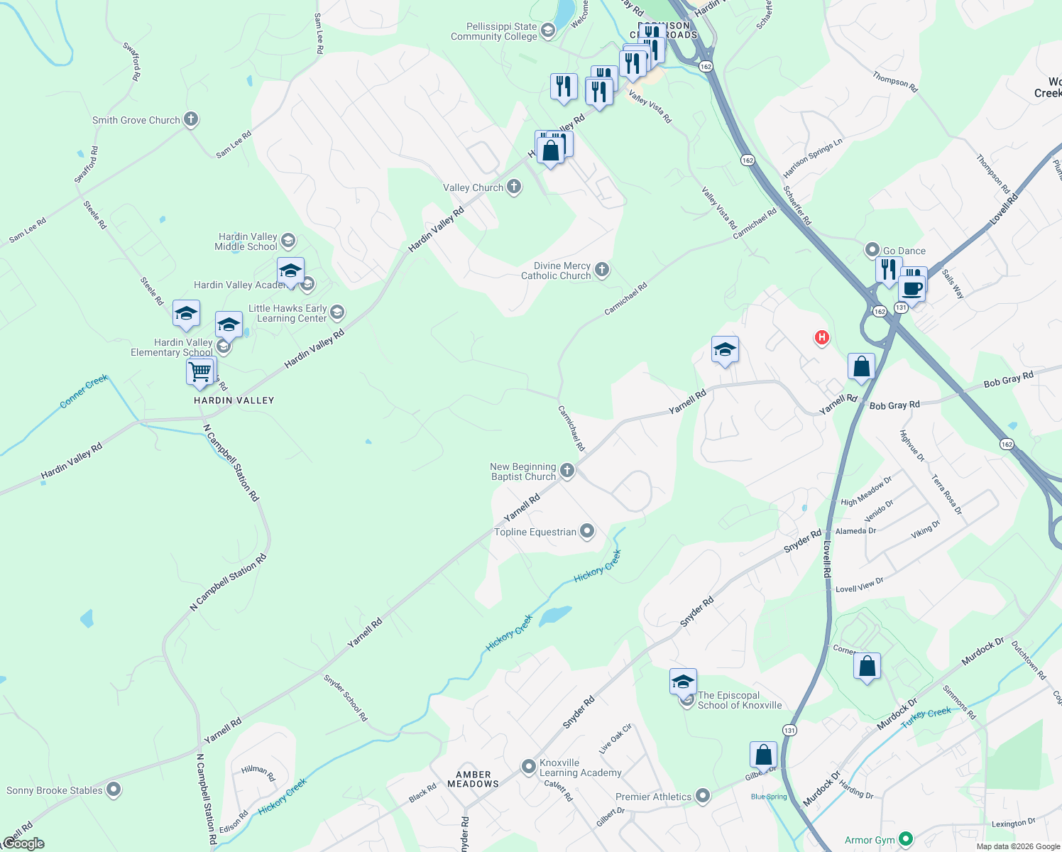 map of restaurants, bars, coffee shops, grocery stores, and more near 11104 Poplar Ridge Road in Knoxville