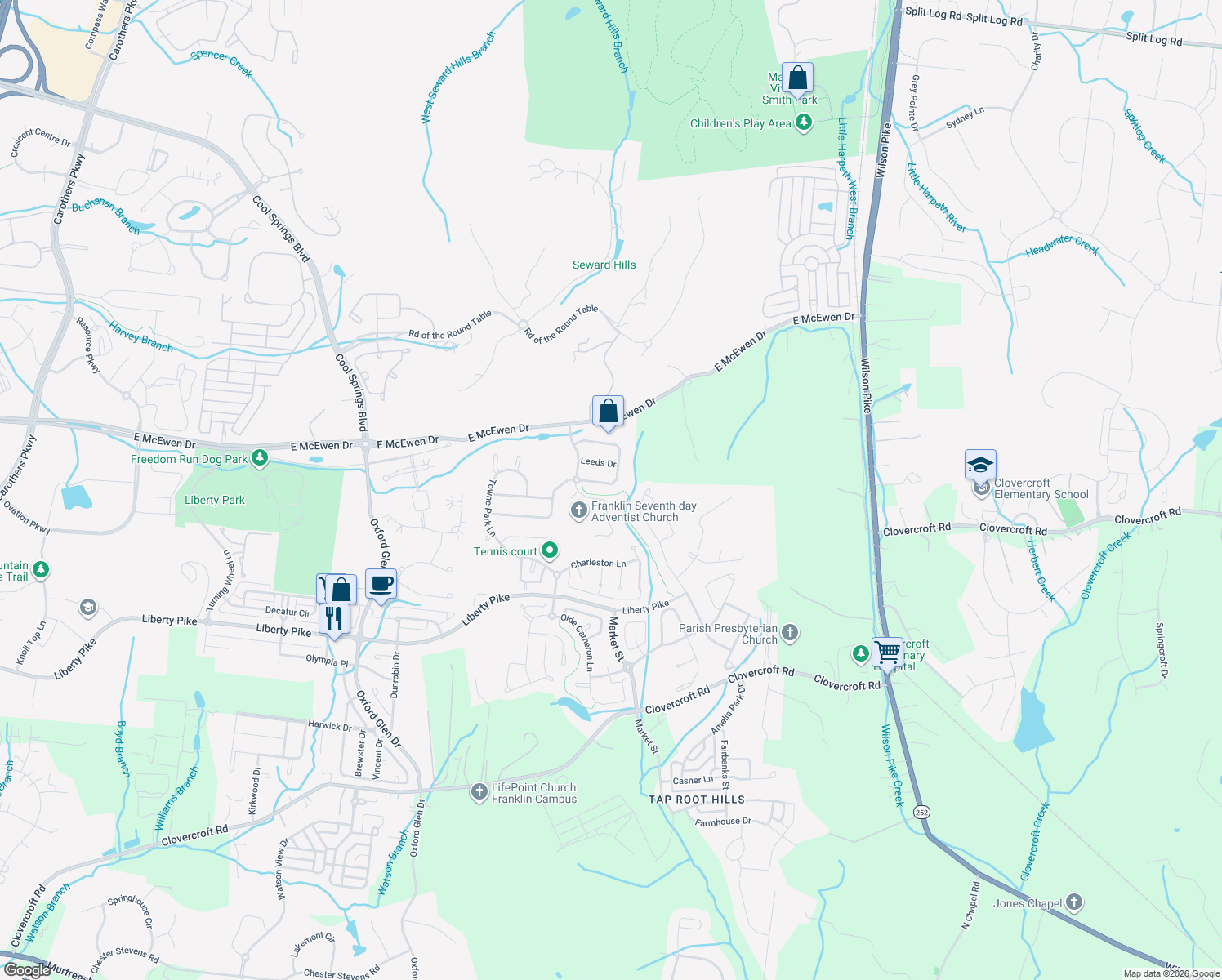 map of restaurants, bars, coffee shops, grocery stores, and more near 1212 Broadmoor Circle in Franklin