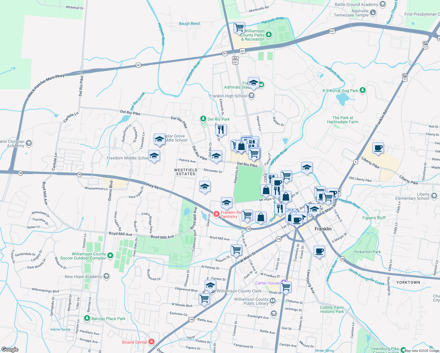 map of restaurants, bars, coffee shops, grocery stores, and more near 13 Lynn Court in Franklin
