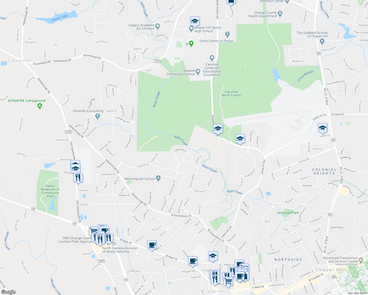 map of restaurants, bars, coffee shops, grocery stores, and more near 308 Waterside Drive in Carrboro