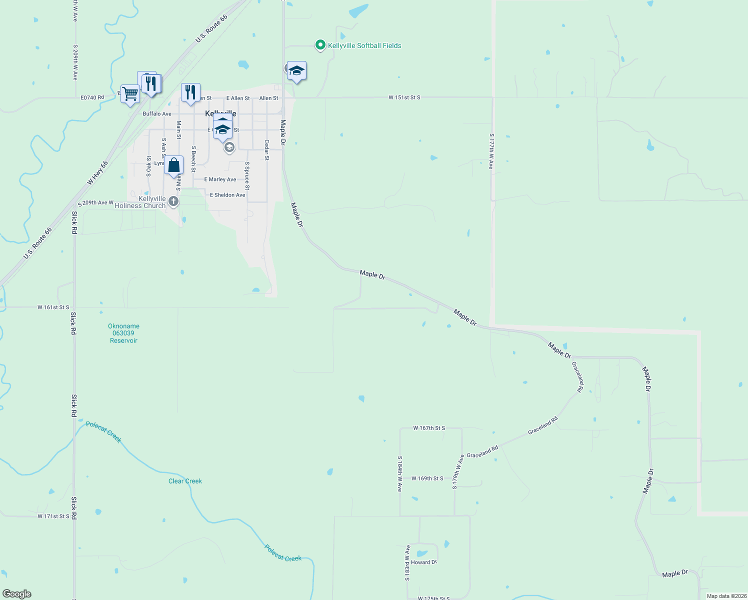 map of restaurants, bars, coffee shops, grocery stores, and more near 15946 Maple Drive in Kellyville