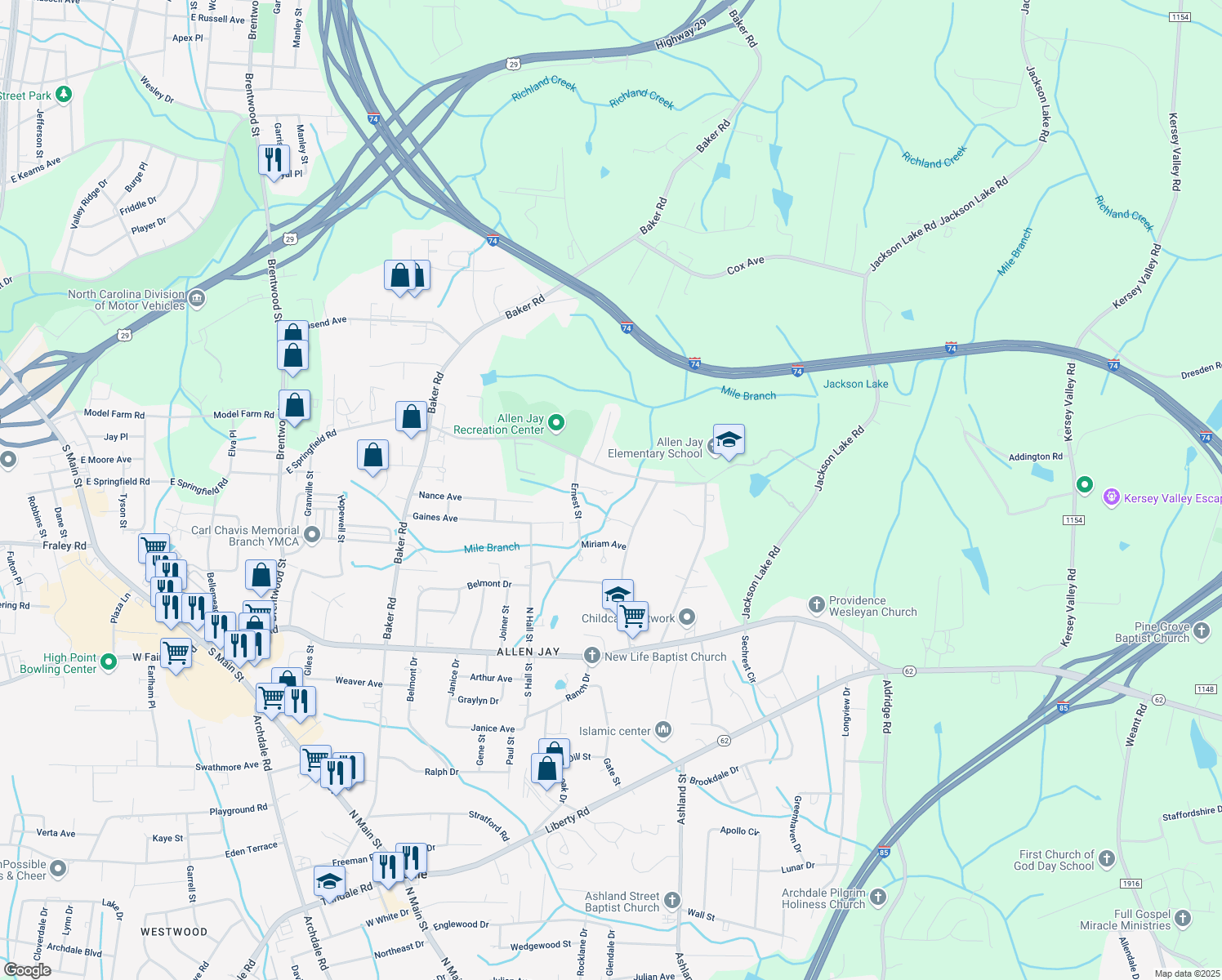 map of restaurants, bars, coffee shops, grocery stores, and more near 813 Ernest Court in High Point