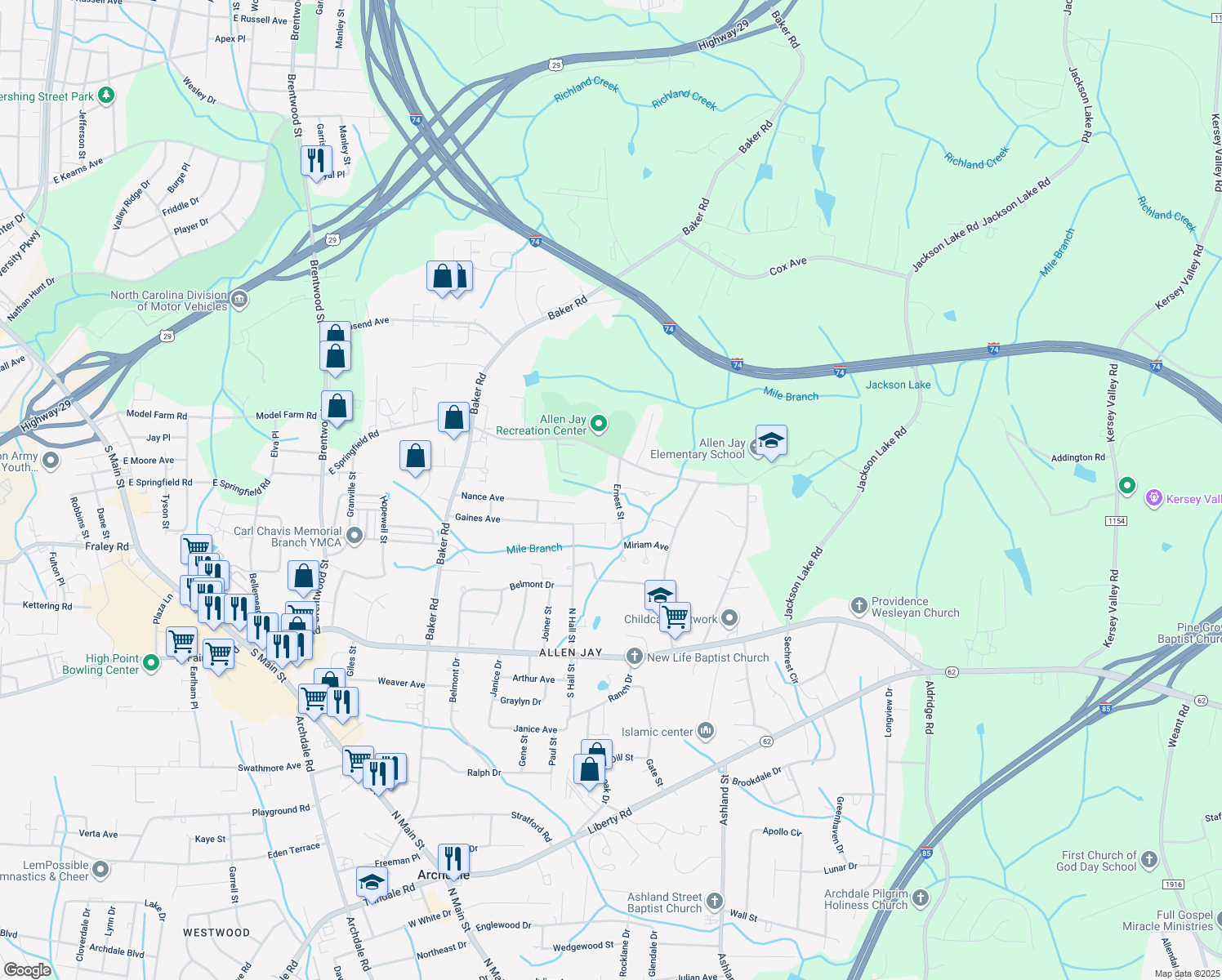 map of restaurants, bars, coffee shops, grocery stores, and more near 2610 Ernest Street in High Point