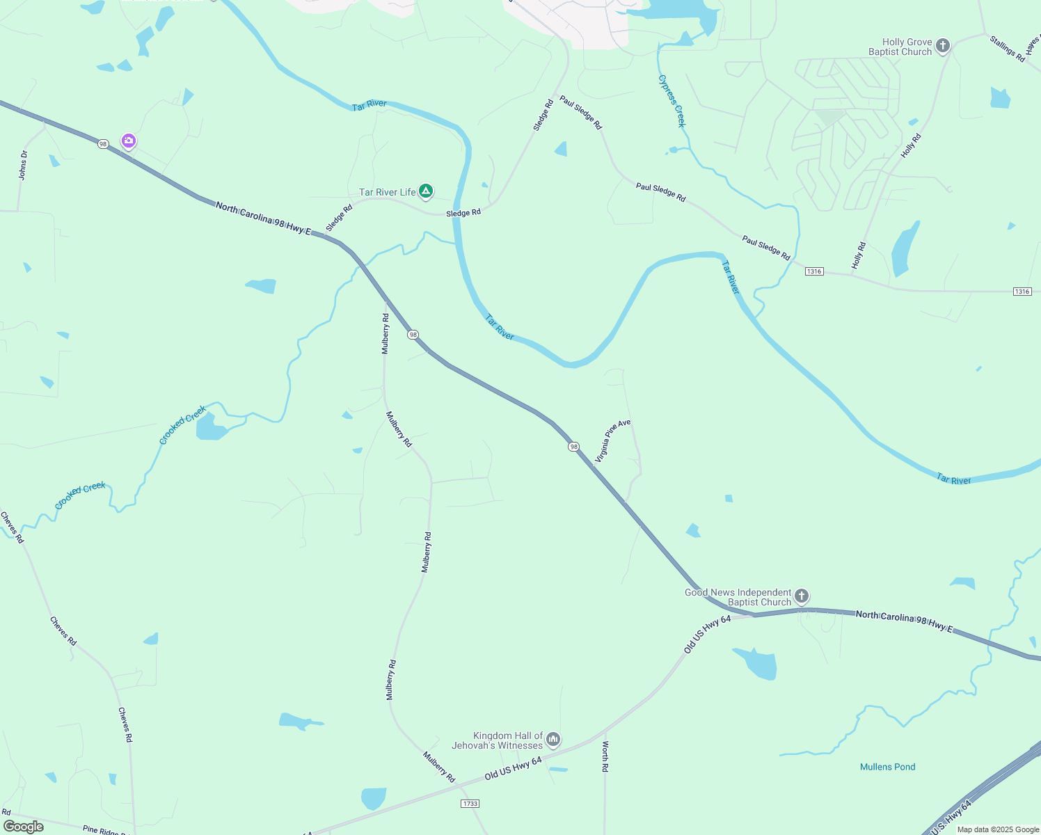 map of restaurants, bars, coffee shops, grocery stores, and more near 1538 North Carolina 98 Highway East in Spring Hope