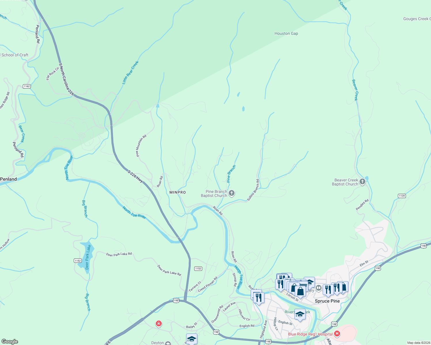 map of restaurants, bars, coffee shops, grocery stores, and more near 196 Thompson Road in Spruce Pine