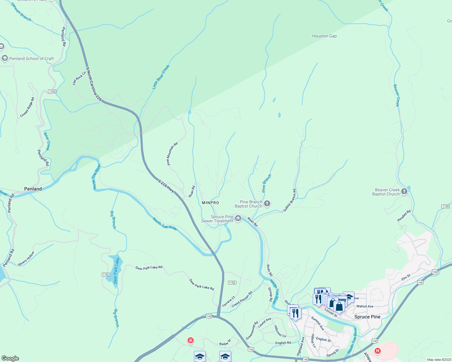 map of restaurants, bars, coffee shops, grocery stores, and more near 47 Ellis Road in Spruce Pine