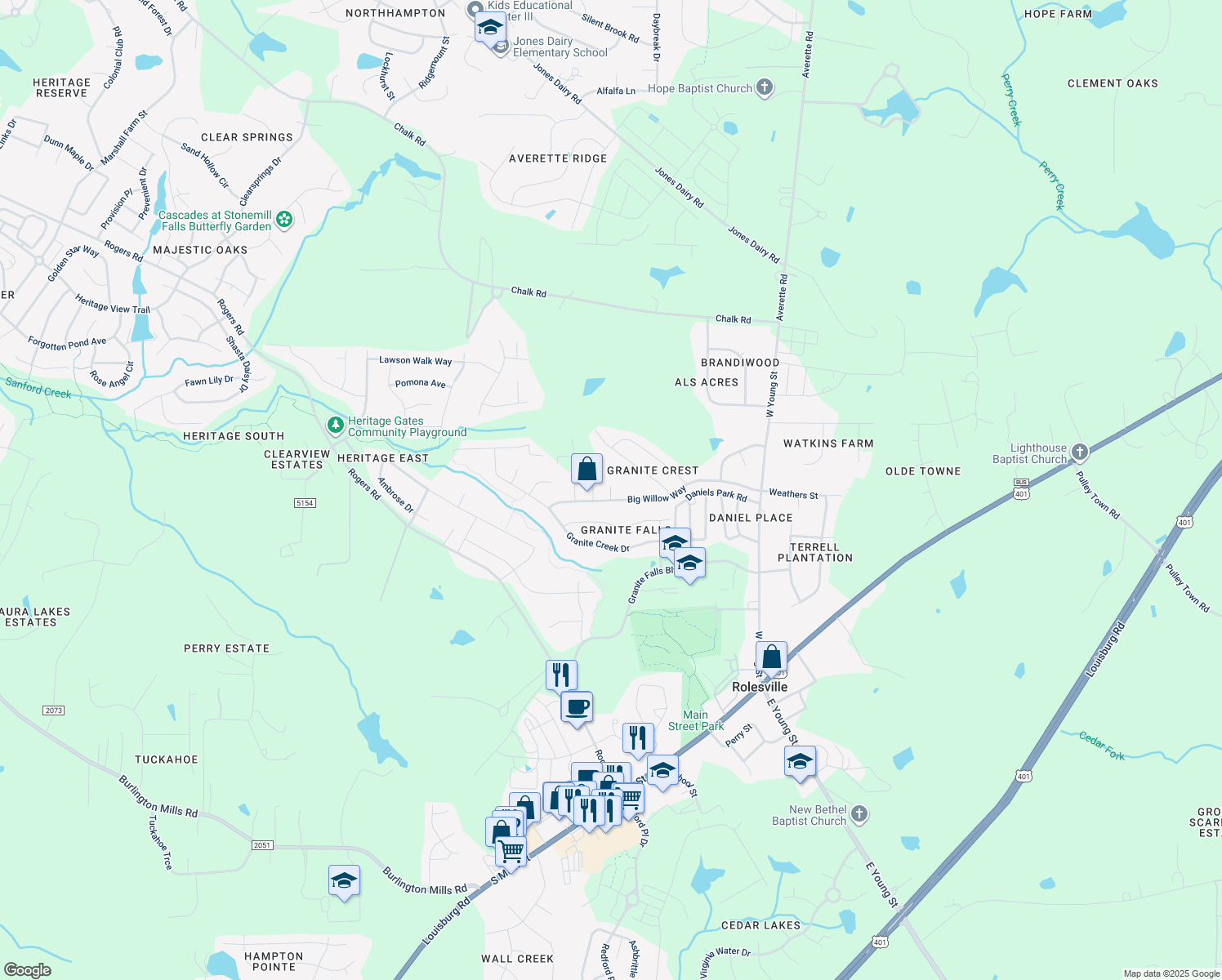 map of restaurants, bars, coffee shops, grocery stores, and more near 610 Tall Willow Court in Rolesville