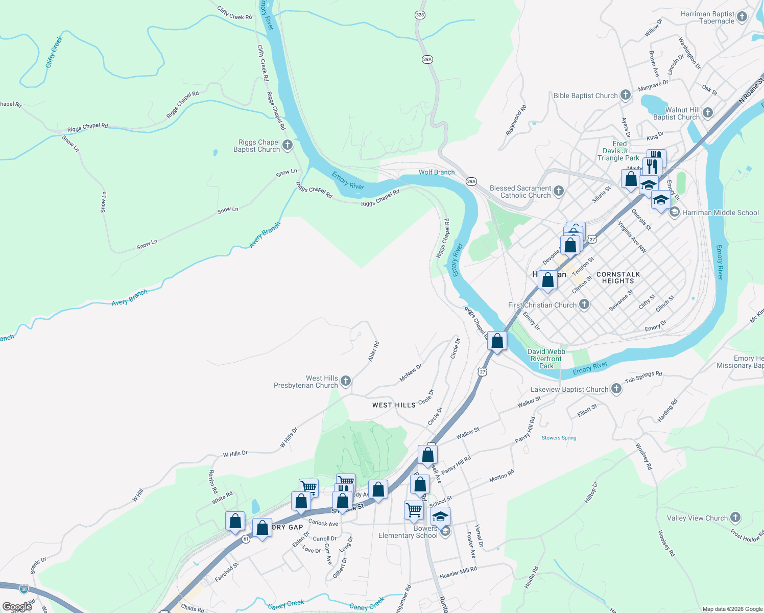 map of restaurants, bars, coffee shops, grocery stores, and more near 132 Ahler Road in Harriman
