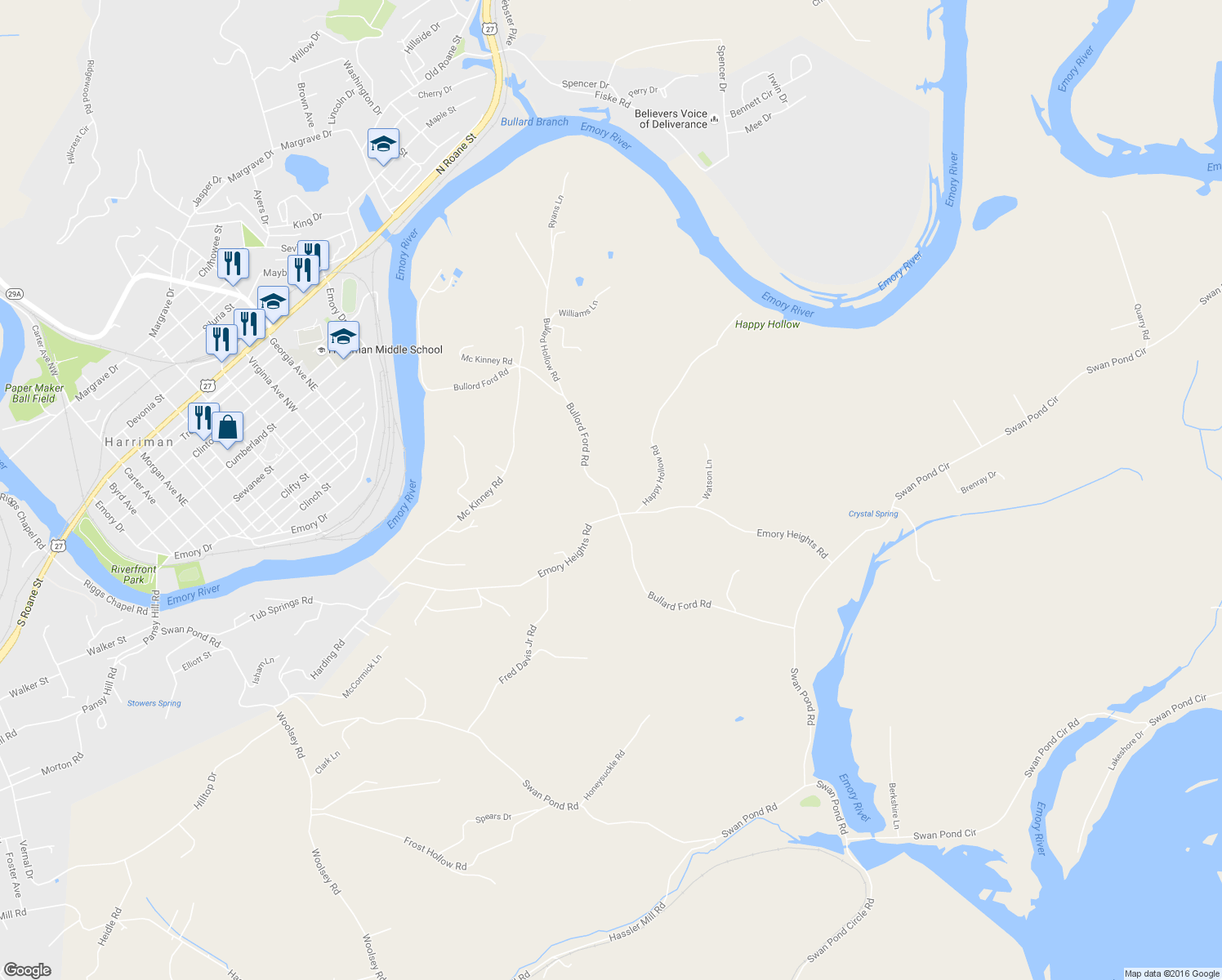map of restaurants, bars, coffee shops, grocery stores, and more near 278 Emory Drive in Harriman