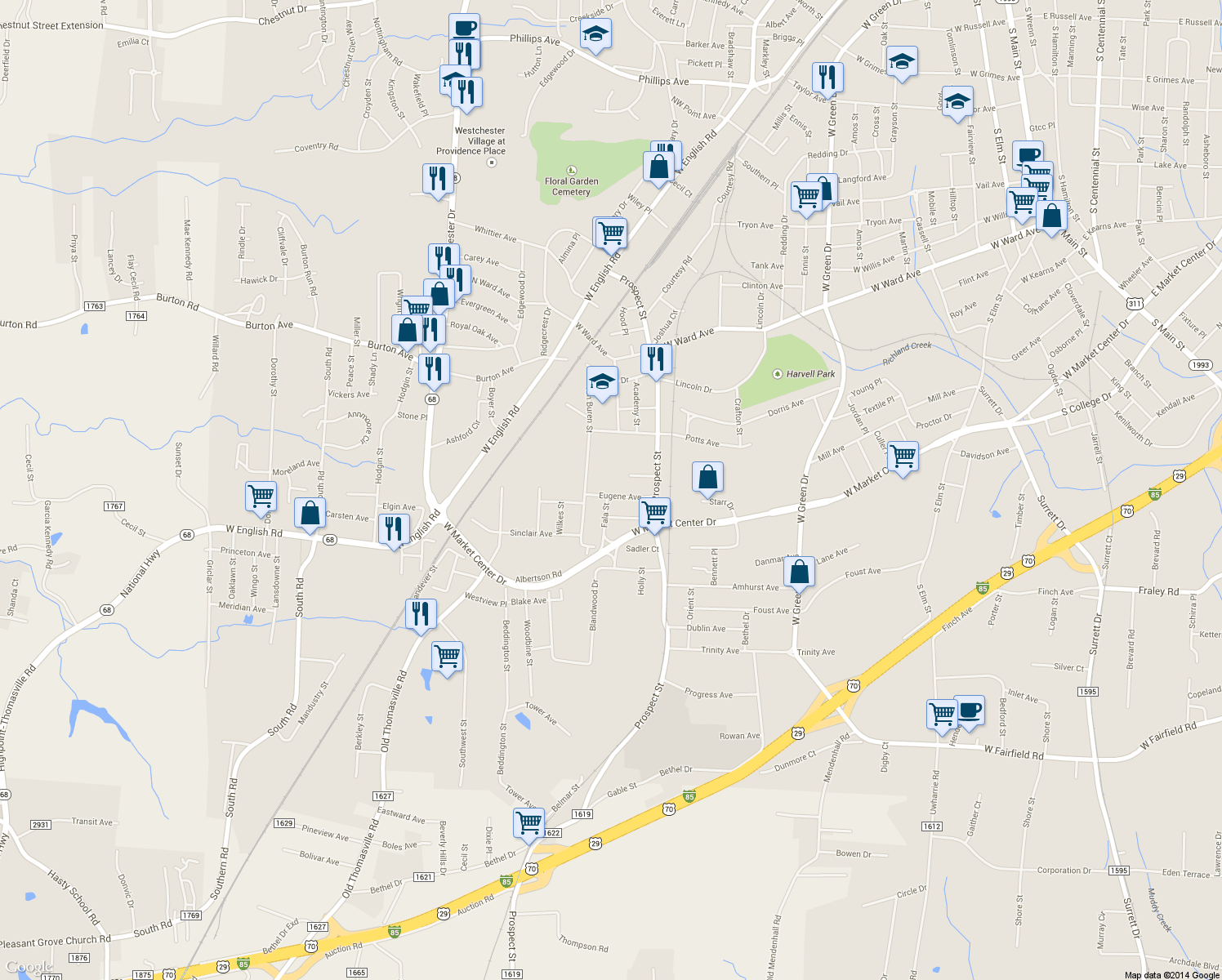 map of restaurants, bars, coffee shops, grocery stores, and more near 1616 Eugene Avenue in High Point