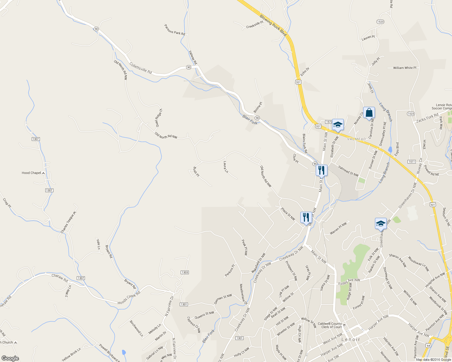 map of restaurants, bars, coffee shops, grocery stores, and more near 1765 Laura Lane in Lenoir
