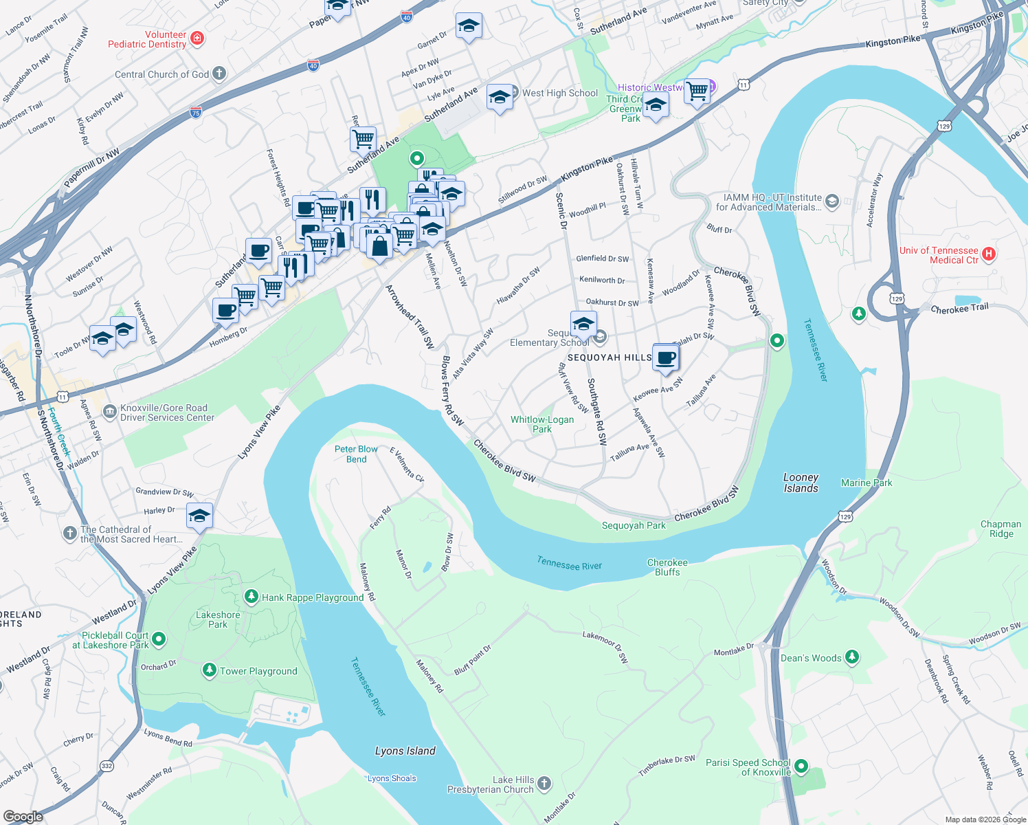 map of restaurants, bars, coffee shops, grocery stores, and more near 1001 Cedarhill Rd in Knoxville