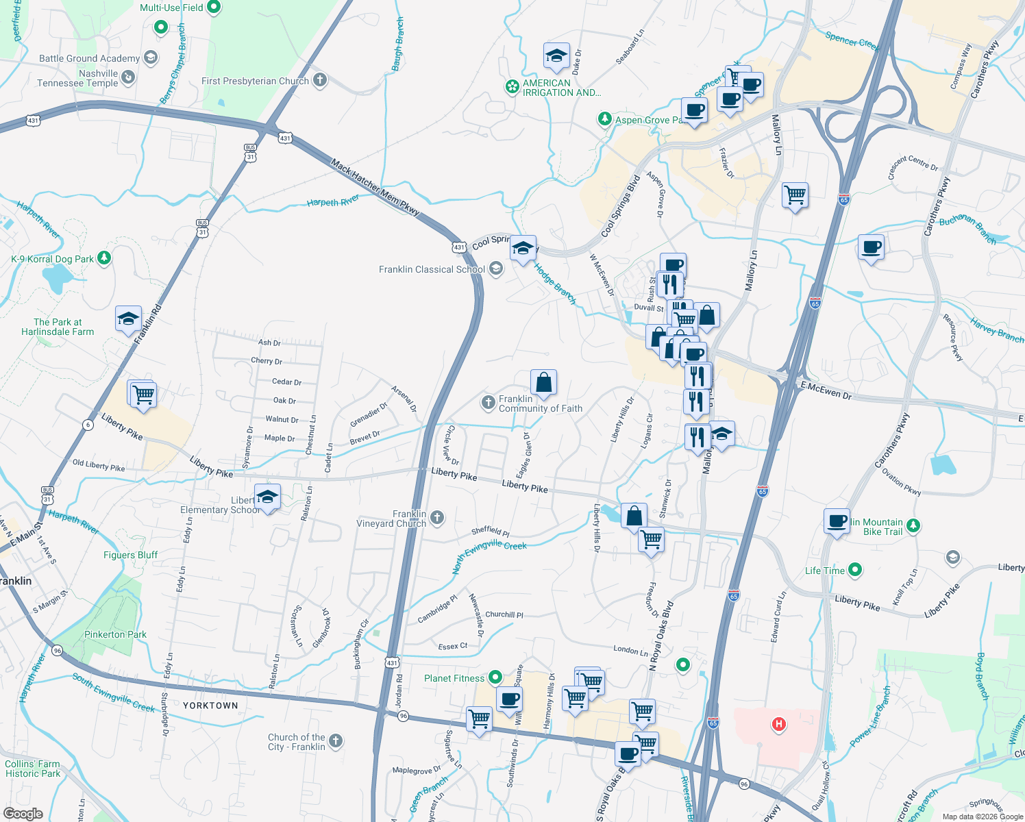 map of restaurants, bars, coffee shops, grocery stores, and more near 513 Foxcroft Circle in Franklin