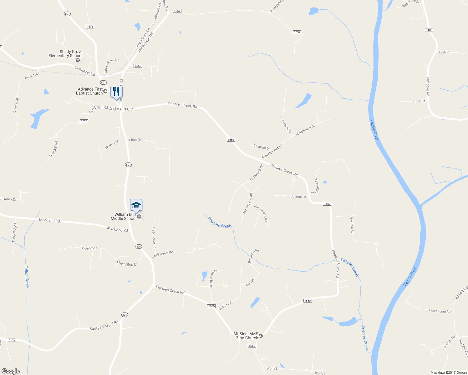 map of restaurants, bars, coffee shops, grocery stores, and more near 214 Old March Road in Advance