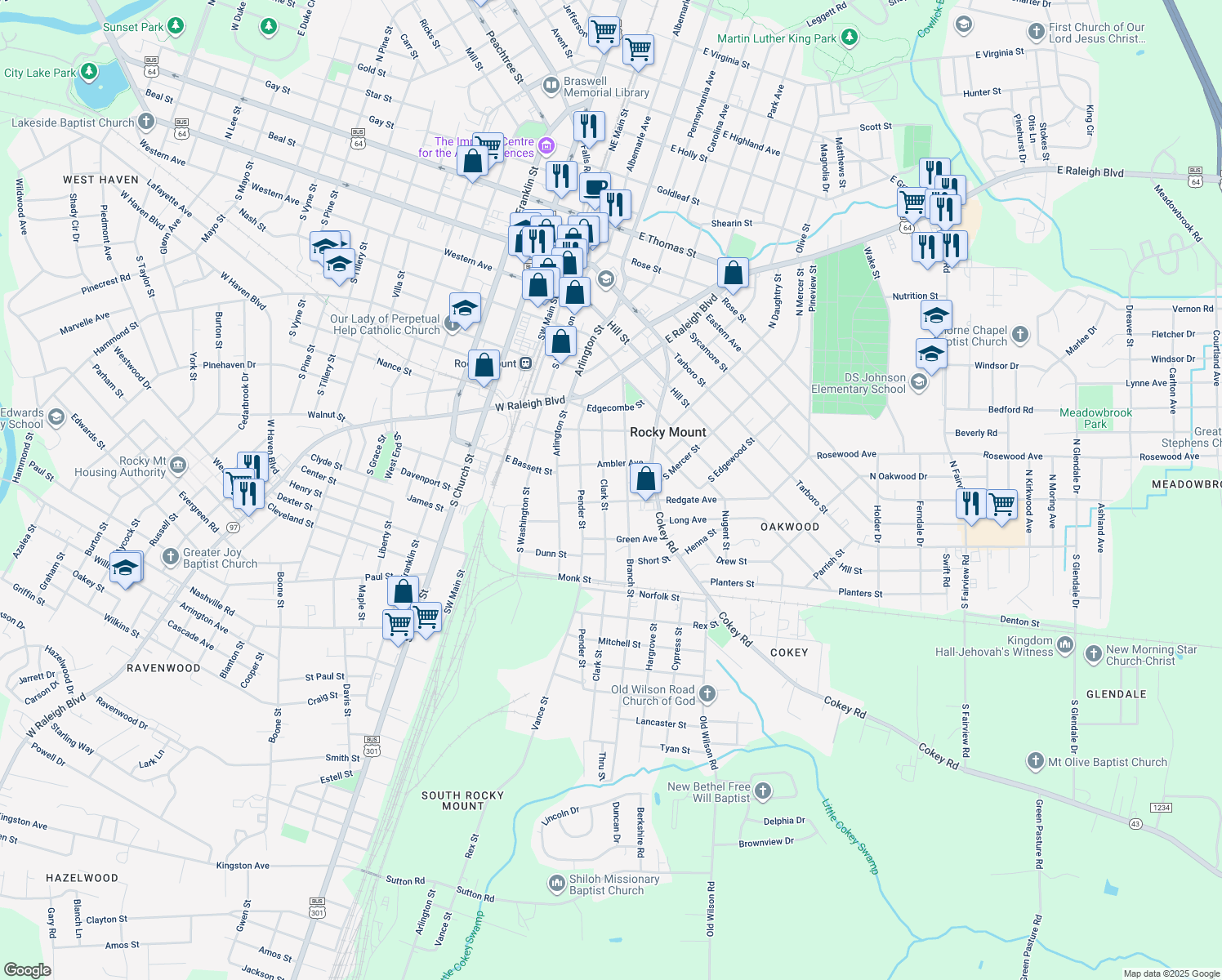 map of restaurants, bars, coffee shops, grocery stores, and more near 731 Clark Street in Rocky Mount