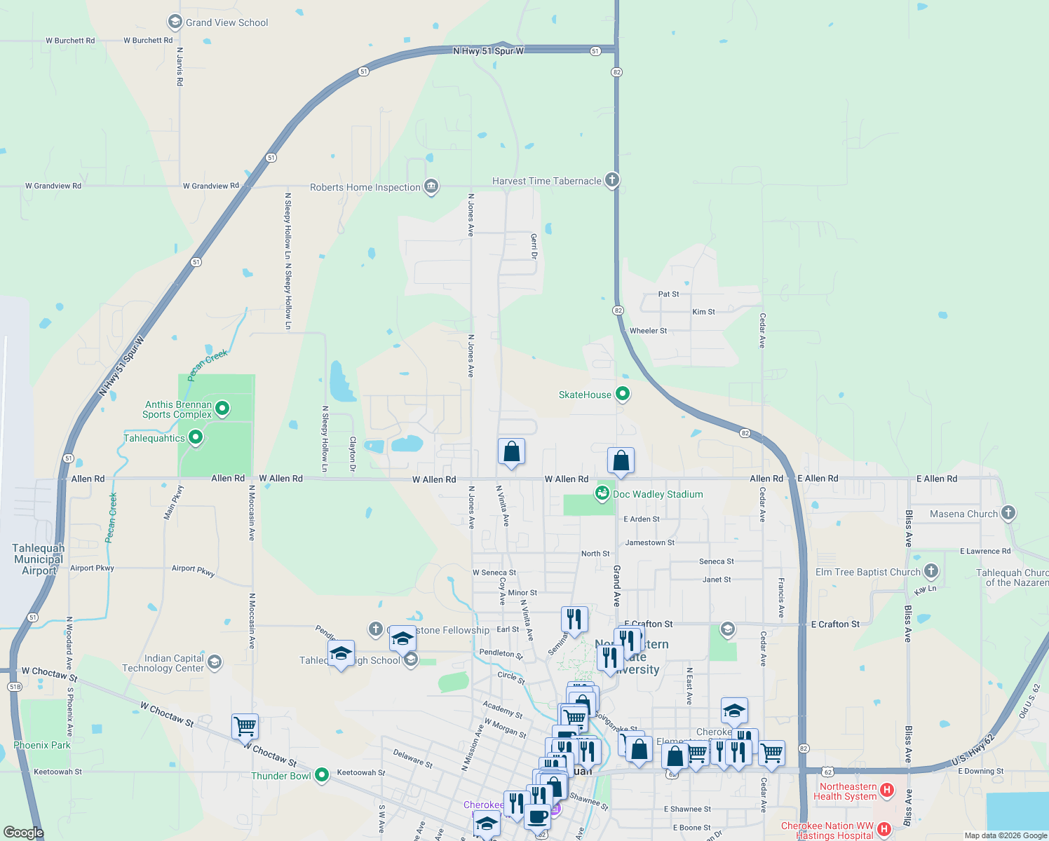 map of restaurants, bars, coffee shops, grocery stores, and more near 234 Northside Court in Tahlequah