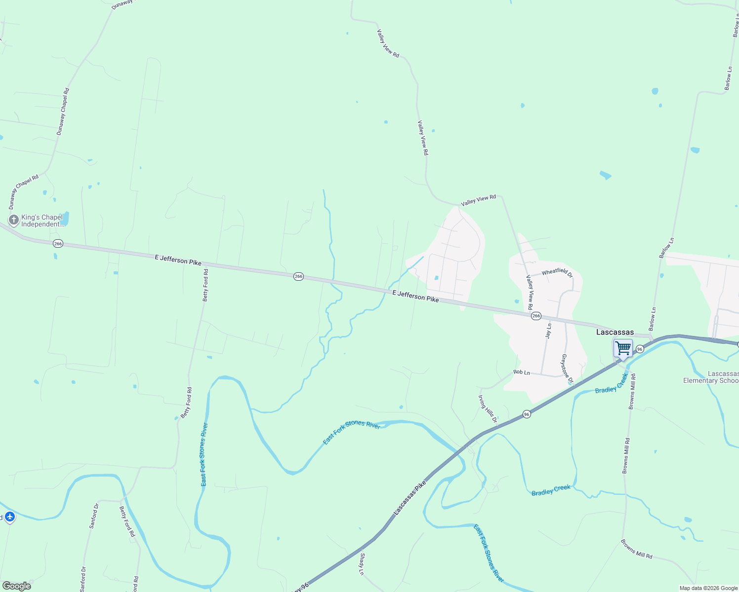 map of restaurants, bars, coffee shops, grocery stores, and more near 3388 East Jefferson Pike in Lascassas
