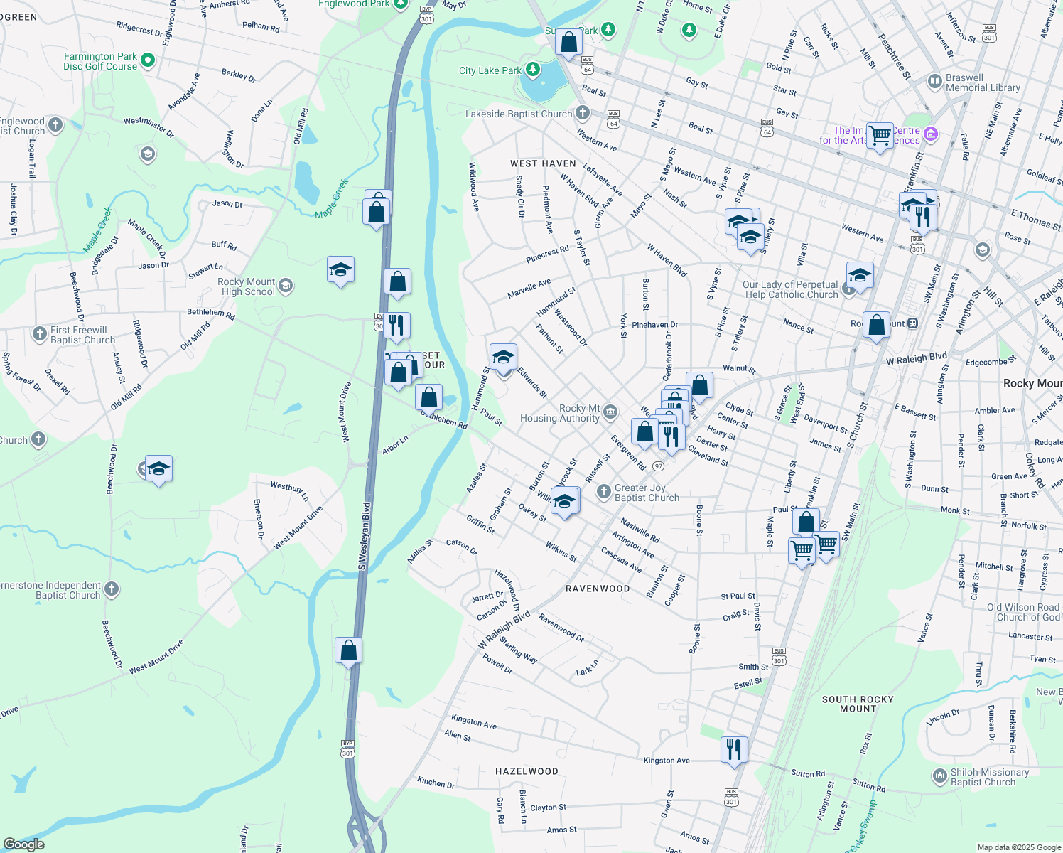 map of restaurants, bars, coffee shops, grocery stores, and more near 1225 Neal Street in Rocky Mount