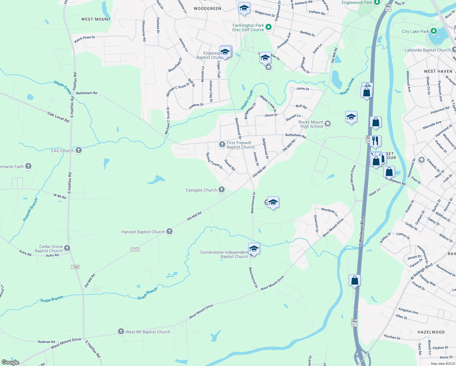 map of restaurants, bars, coffee shops, grocery stores, and more near 107 Jennings Court in Rocky Mount