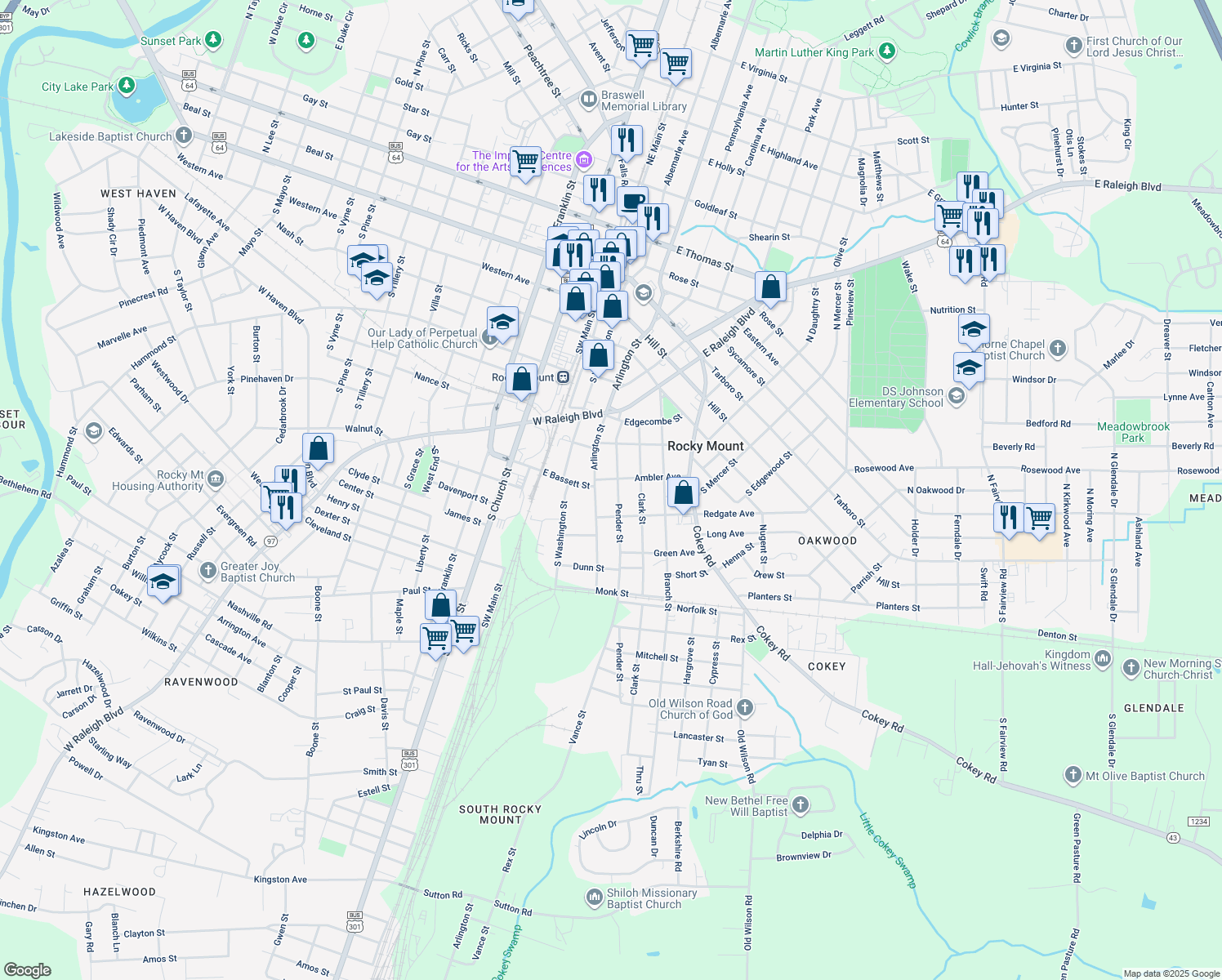 map of restaurants, bars, coffee shops, grocery stores, and more near 708 Pender Street in Rocky Mount