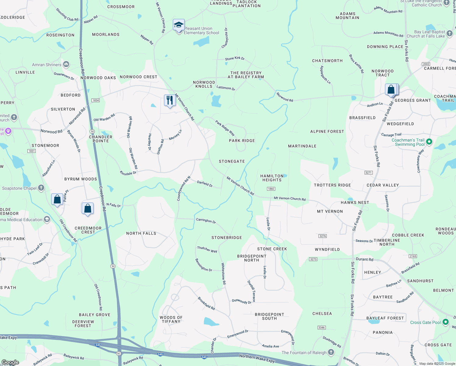 map of restaurants, bars, coffee shops, grocery stores, and more near 10516 Tredwood Drive in Raleigh