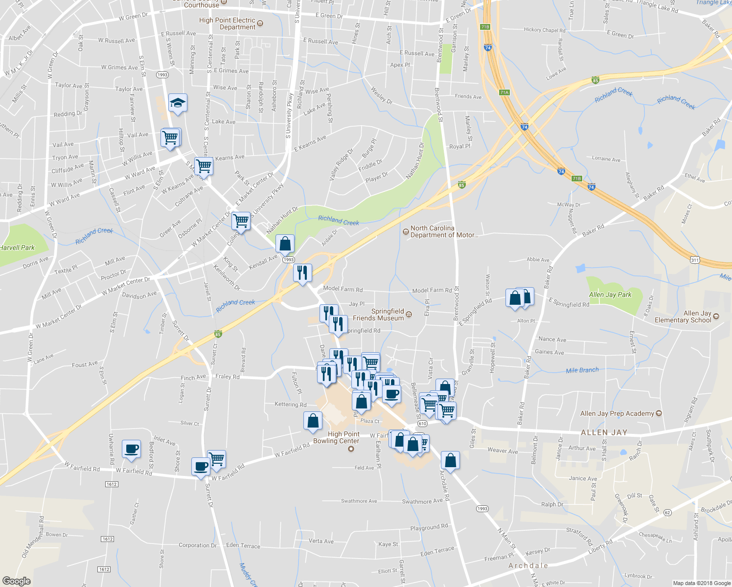 map of restaurants, bars, coffee shops, grocery stores, and more near 228 Model Farm Road in High Point