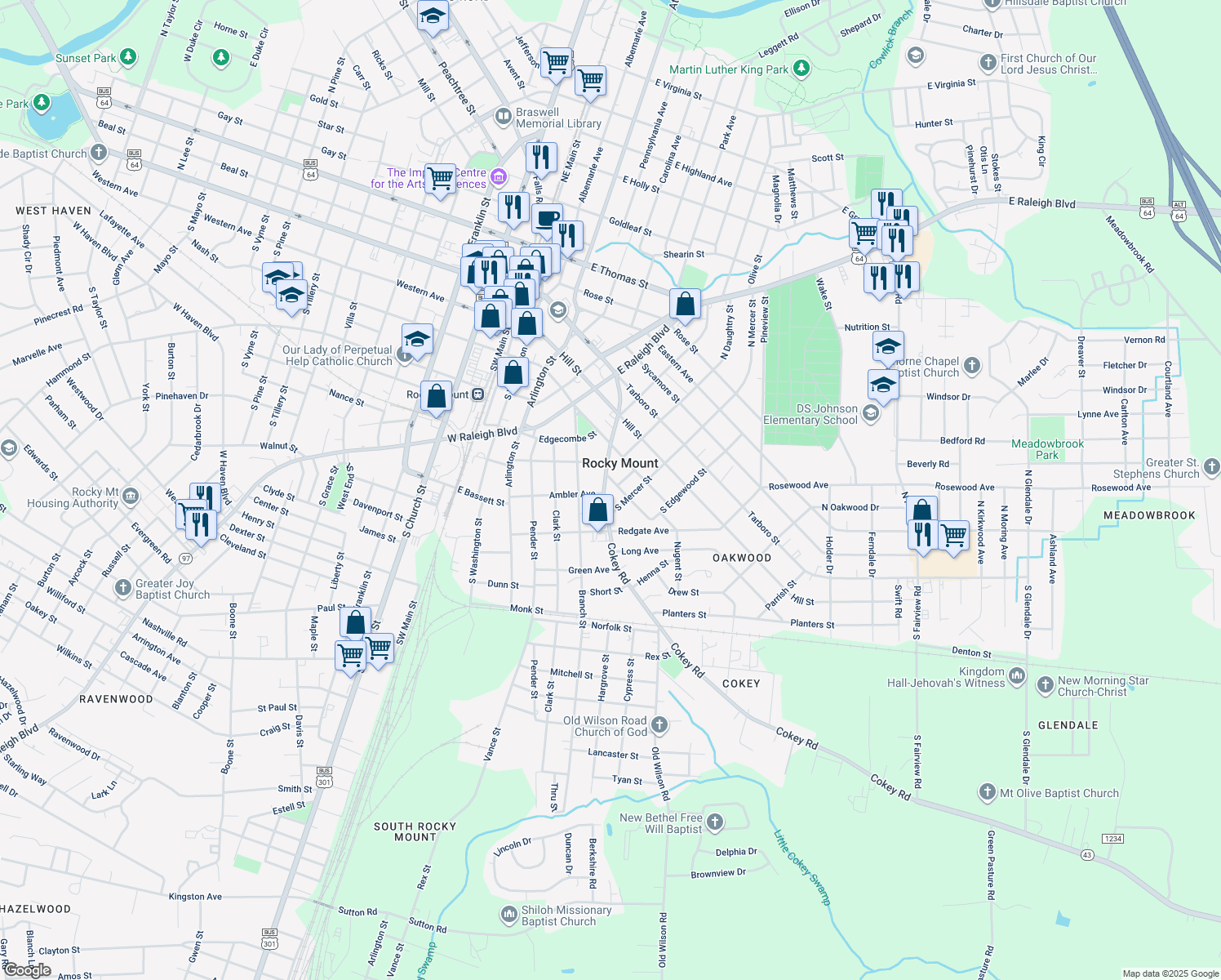 map of restaurants, bars, coffee shops, grocery stores, and more near 425 Cokey Road in Rocky Mount